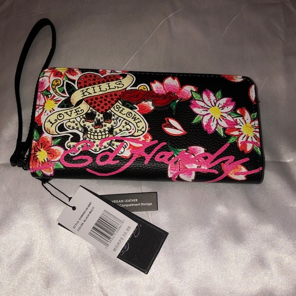 Ed Hardy Black ZA Wallet Love Kills Slowly & Pink Multi Color Floral Print NWT - Picture 2 of 15